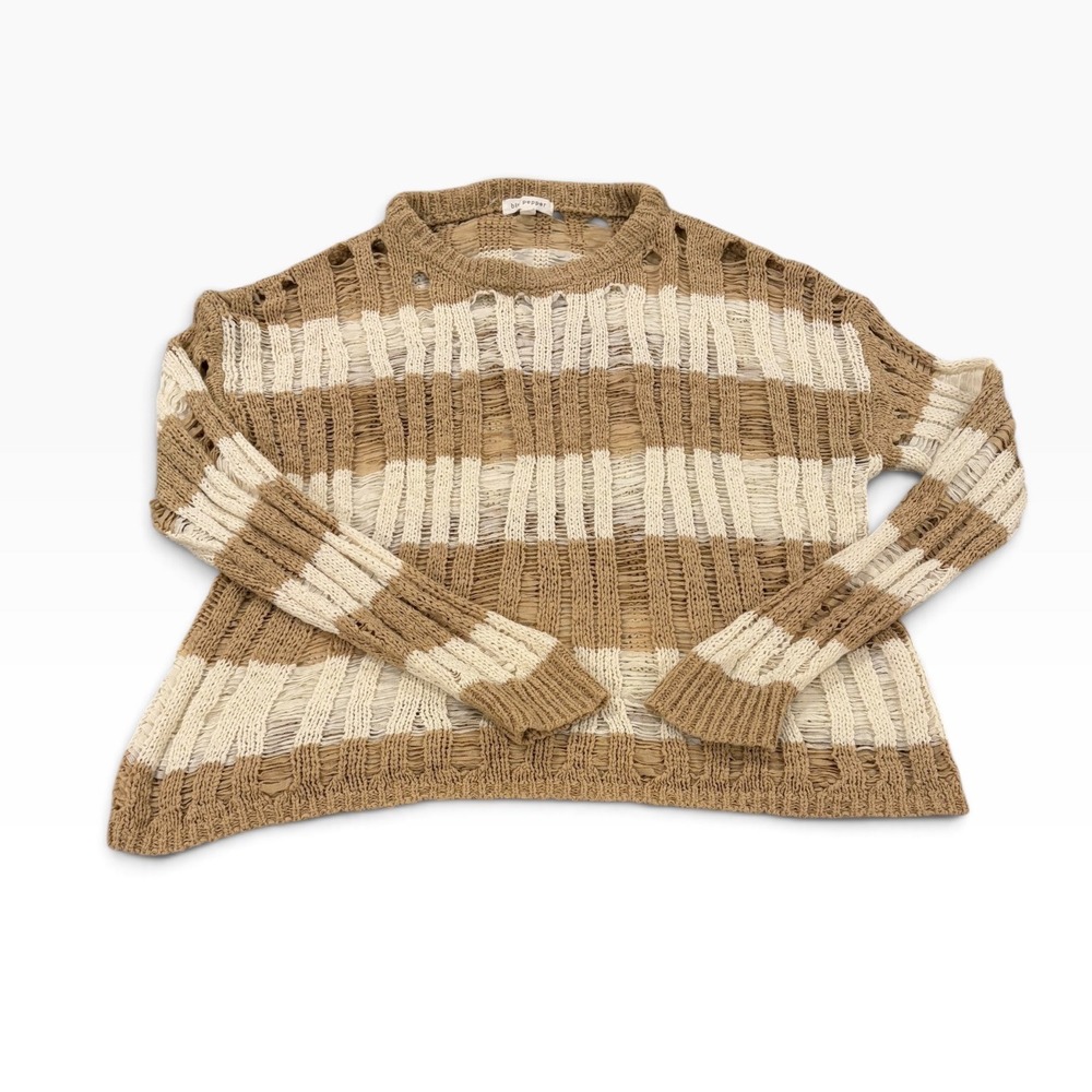 Blu Pepper Women Tan Cream Striped Open Knit Distressed Sweater Small B4ST1006